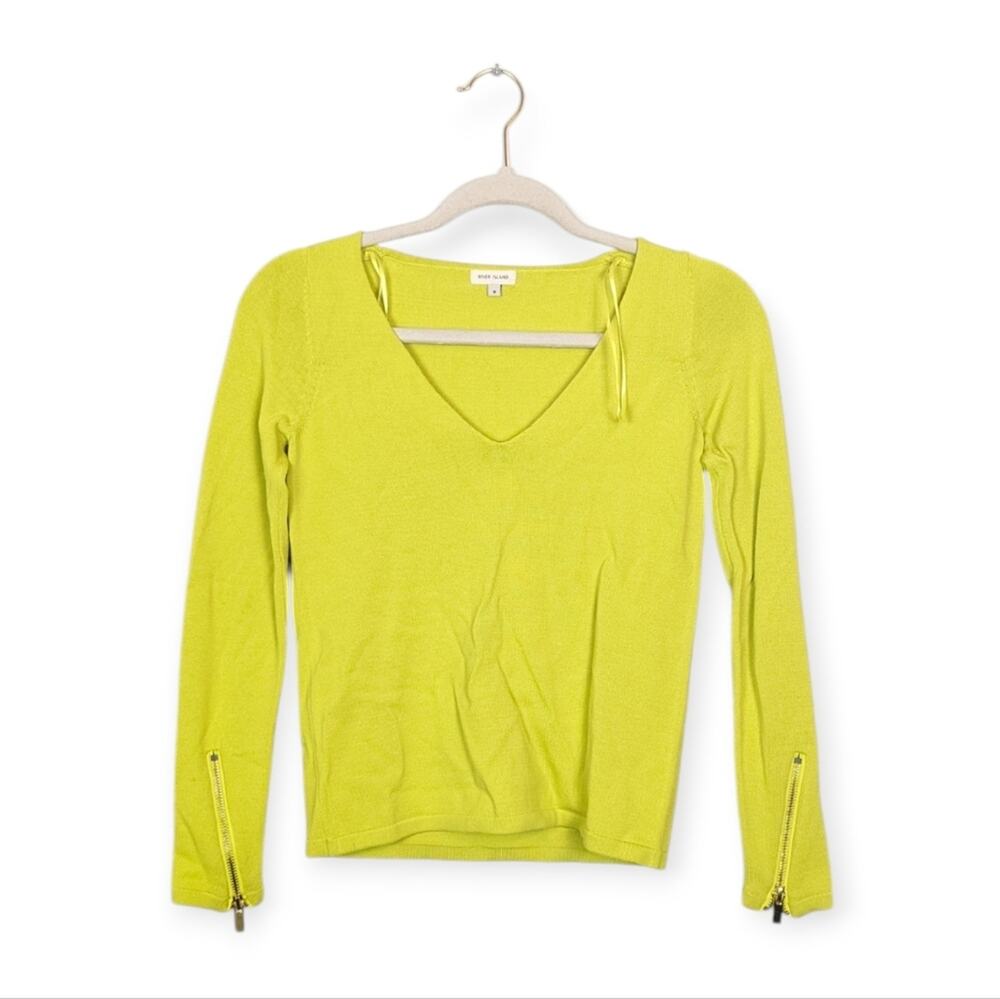 River Island Chartreuse Yellow Neon V Neck Zipper Sleeve Top